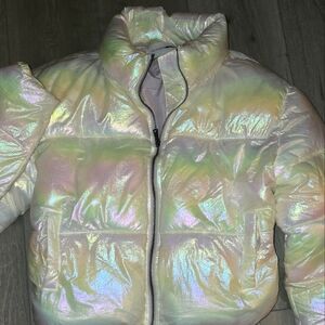 White iridescent puffer coat